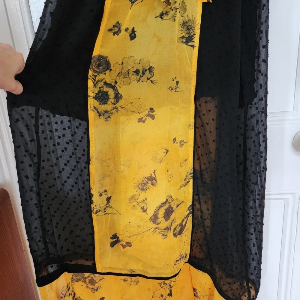 Religion Off Shoulder Yellow Floral Ruffle And Black Swiss Dot Maxi Dress - Picture 5 of 11